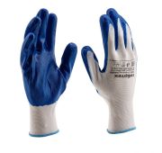 Перчатки полиэфирные с синим нитрильным покрытием маслобензостойкие, L, 15 класс вязки Сибртех