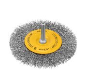 Щетка для дрели 100 мм, Плоская, со шпилькой, нержавеющая витая проволока// Denzel